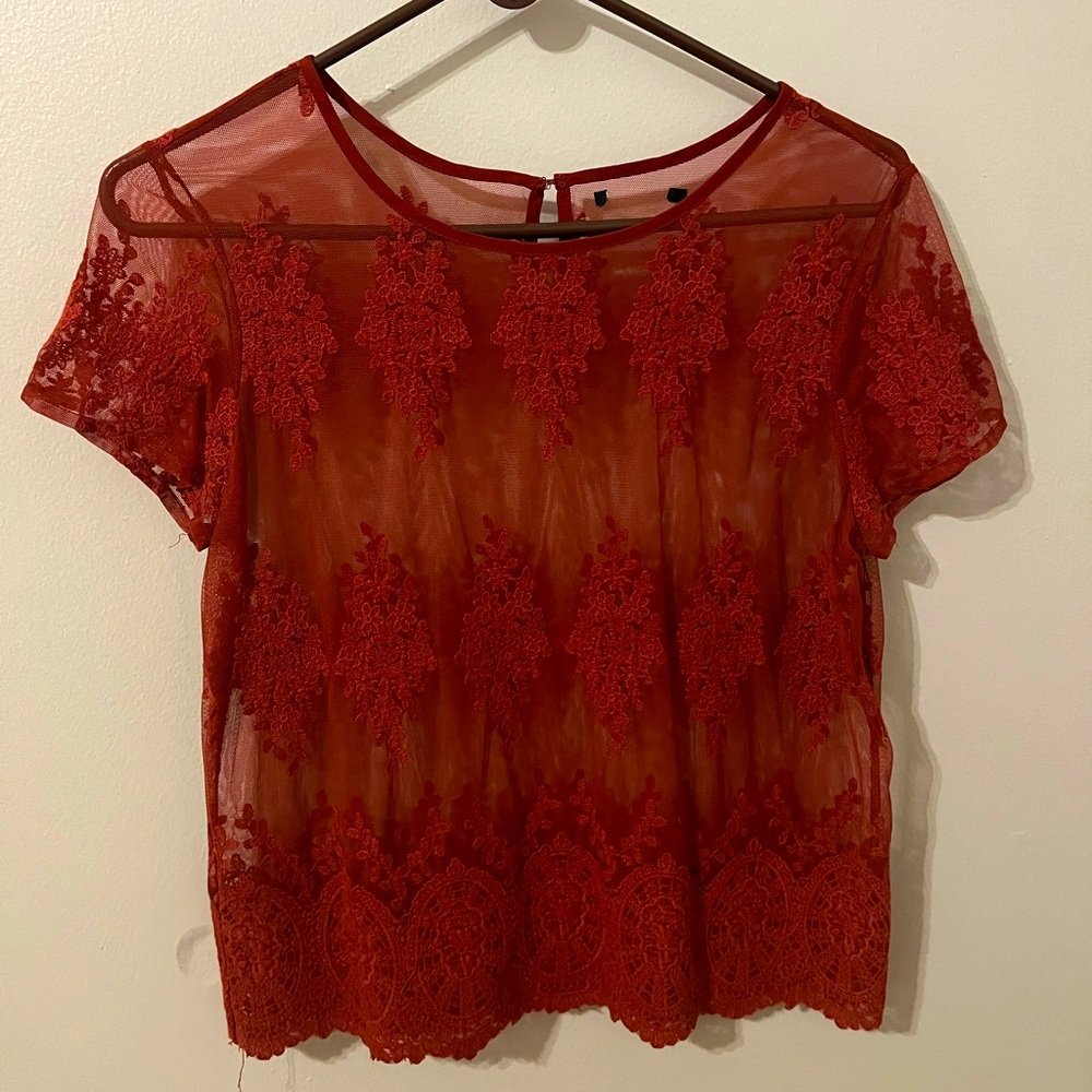 Burnt orange sheer embroidered top